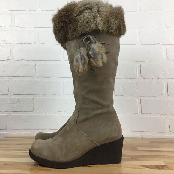 SAUTE mouton LOULOU long boots tan beige suede boots wedge platform rabbit fur - Picture 1 of 16